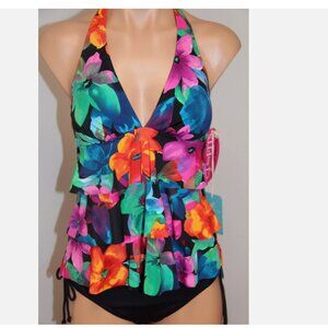 NWT Caribbean Joe Swimsuit Bikini Tankini 2pc set Sz 8 black floral